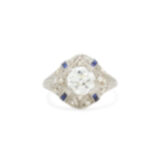 Art Deco Old European Cut Diamond and Sapphire Ring, Style FL32952