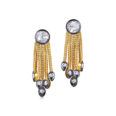 18K Yellow Gold Foxtail Chain Fringe Rose Cut Diamond Pendant Earrings Signed Fred Leighton, Style E-1105FL-0-DIA-18KY